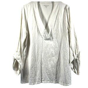 Coldwater Creek Blouse Top XL White V Neck Slub 100% Cotton Roll Tab Sleeves